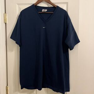 Vintage 90s Nike V-Neck Tee Dark Blue - Embroidered Swoosh Mark - Size XL